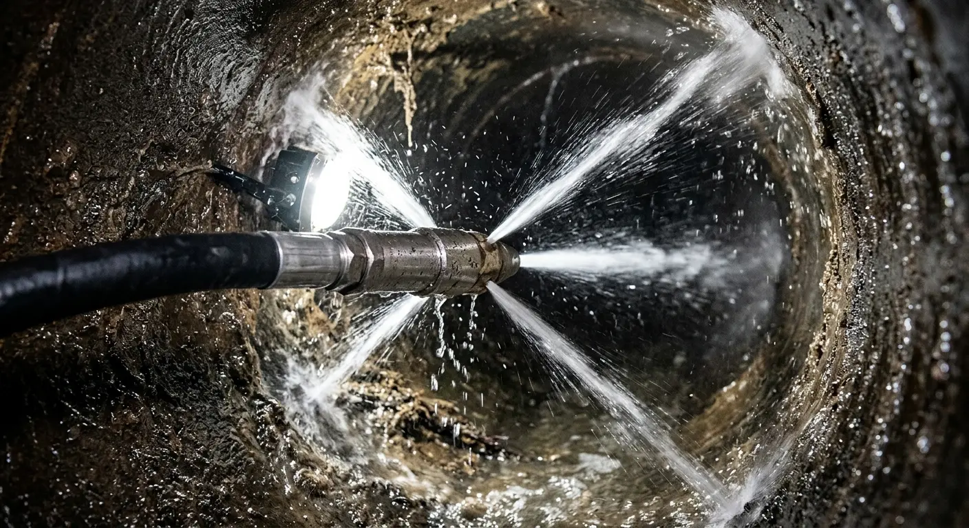 High-pressure hydro jetting nozzle cleaning sewer pipe for Trenchless Sewer Repair in Madison