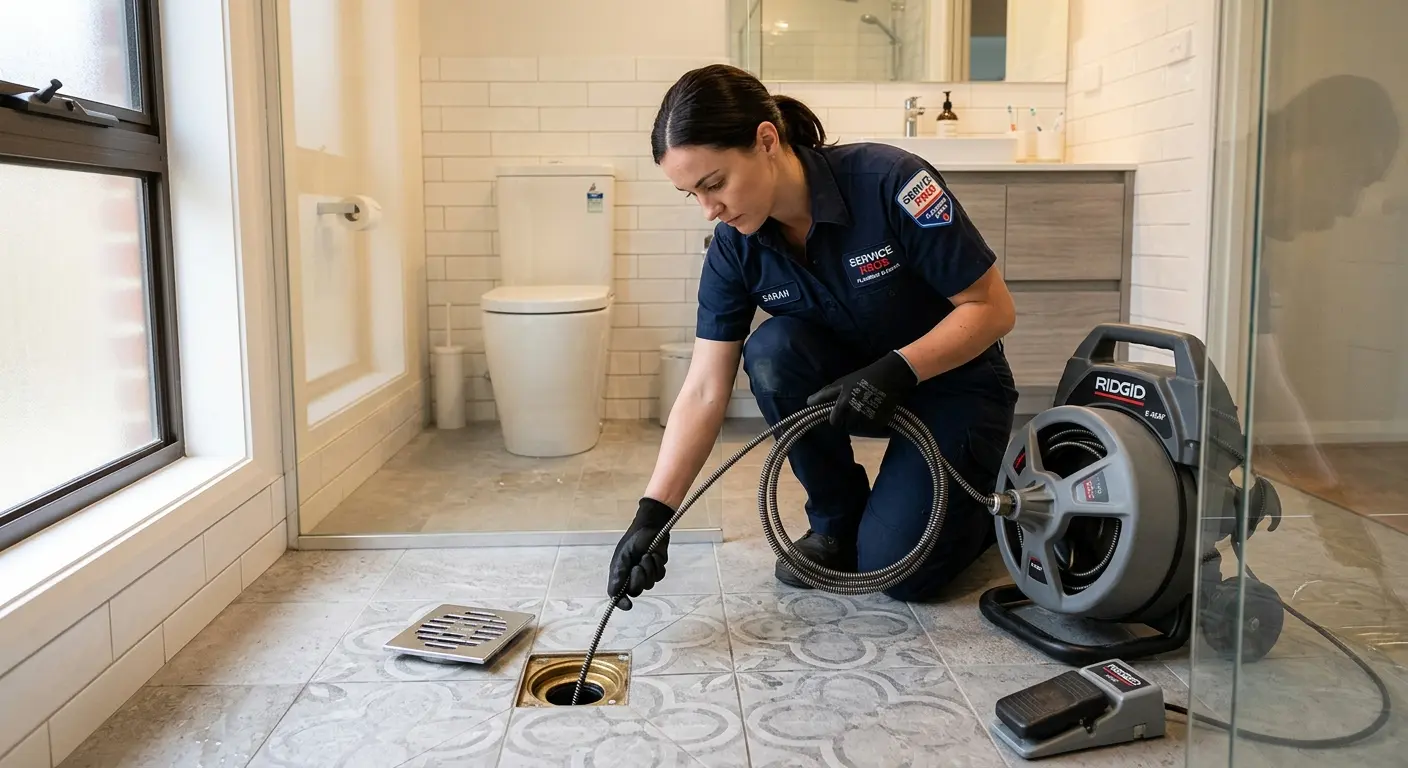 Technician clearing a bathroom floor drain for Clogged Drain Repair in Madison